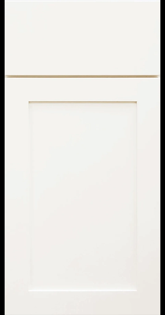Bright white Shaker cabinet door with slab style drawer front.