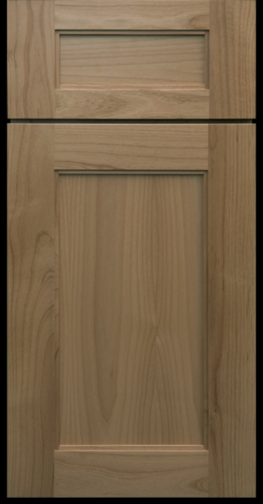 Denver Fawn Shaker cabinets with dark semi-gloss stain on natural wood and inside molding.