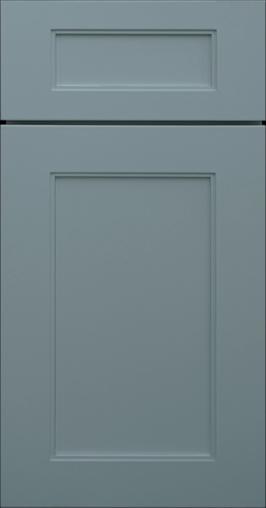 Denver Series non-reflective green-blue kitchen cabinets with wide shaker stiles and inside edging.