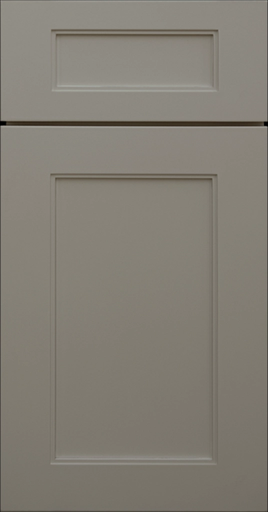 Denver Wind kitchen cabinet in matte gray green with Shaker stiles and added inside edging.