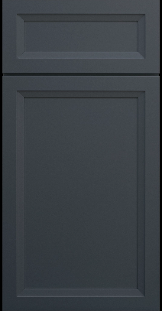 Littleton Series kitchen cabinet in non-reflective gray-blue with narrow stiles and tapered inside molding.
