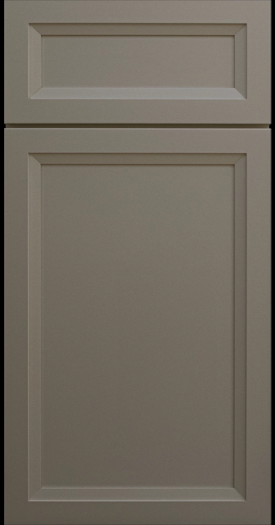Littleton Wind series Kitchen Cabinet, matte gray green finish, narrow stiles, and tapered molding.